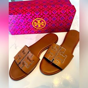 Tory Burch Leather Slides, tan with gold outlined double t design